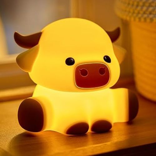 Highland Cow Night Light, Huggwaii Squishy Silicone Lamp for Kids - Dimmable Touch Sensor Cute Animal Lamp, Soft Glow Night Light for Nursery, Bedroom, Christmas Gifts for Boys, Girls, Women