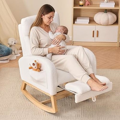 FOXHUNTER Rocking Chair for Nursery with High Backrest & Foot Rest-Nursery Rocking Chairs with Side Storage Pocket for Breastfeeding,Modern Glider Chair for Baby Bedroom,Living Room,Teddy White