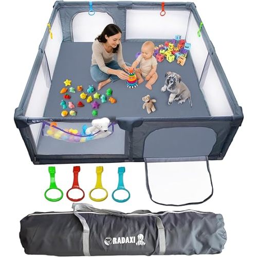 Baby Playpen 71x59 Inch Large Playpen for Babies and Toddlers Baby Playard with Zipper Gates Safety Fence Play Pen Play Yard with Soft Breathable Mesh Indoor & Outdoor Kids Activity Center Dark Gray