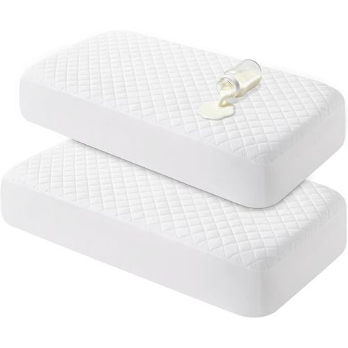 BEDSUM 2-Pack Waterproof Crib Mattress Protector, 28" x 52",White | Quilted Fitted Pad Cover, Machine Washable, Soft Noiseless Baby Mattress Cover, Baby Bed Protector