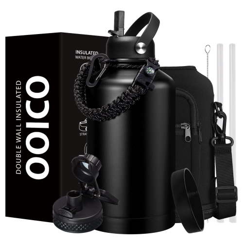 Insulated Water Bottle 64oz - w/Paracord Handle, Straw & Spout Lids, Carrier Bag, Half Gallon Sport Stainless Steel Water Flask