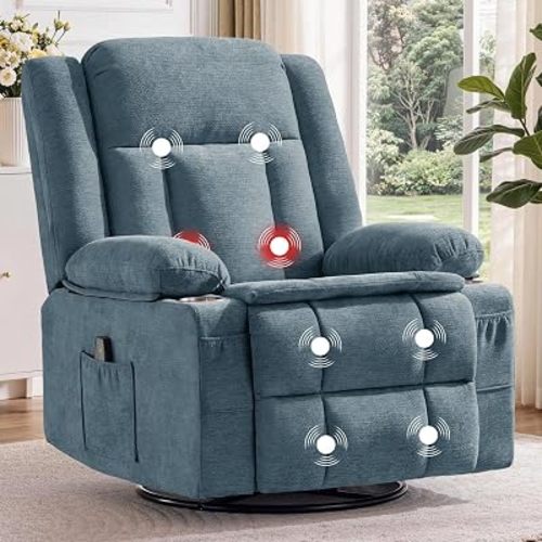 Korser Swivel Rocker Recliner for Adults, Manual Recliner Glider with Massage and Heat, Rocking Chair with Cup Holder, Nursery Rocking Chair for Living Room, Bedroom (Chenille, Blue)