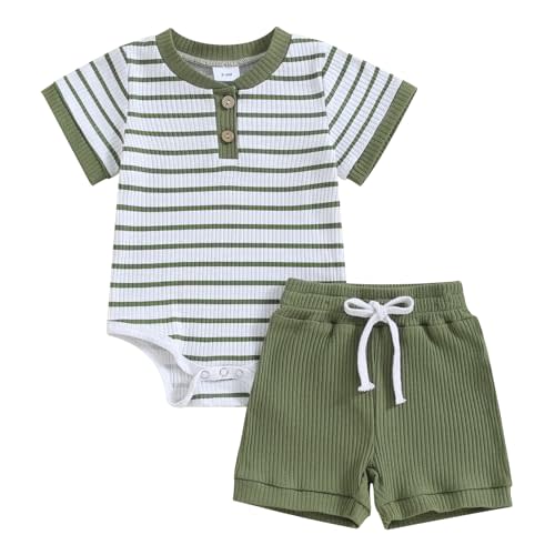 MA&BABY Newborn Baby Boy Clothes Ribbed Knit Stripe Romper Solid Shorts Set | Infant Boys Summer Outfits 0 3 6 9 12 18 Months, Short Sleeve, Checkered, Cute Soft Cotton 2Pcs Clothing Set