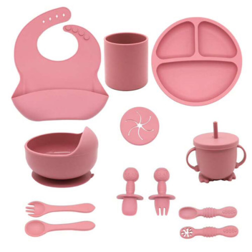 Silicone Baby Feeding Set, A Set Of Baby Weaning Guidance Supplies Including A Suction Bowl And A Divided Plate, A Toddler Self-Feeding Plate With A Spoon, And An Adjustable Bib With A Drinking Training Sippy Cup | SHEIN USA