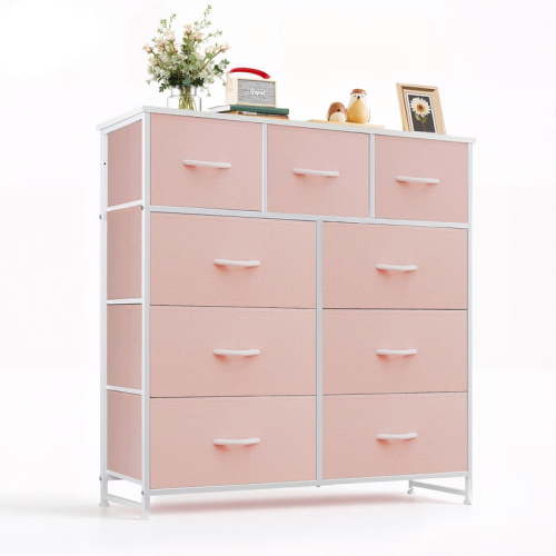 Simenmax 9 Drawers Dresser for Bedroom, Tall Fabric Closet Chests Organizer Tower Furniture with Wooden Top Metal Frame for Bed Room, Living Room, Hallway, Entryway,Pink