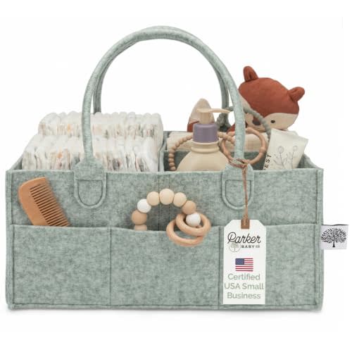 Parker Baby Co. Felt Diaper Caddy Organizer - Large, Sage | Portable nursery storage bin for diapers, wipes, bottles & baby essentials in home/car. Soft felt, foldable design 16x10x7"