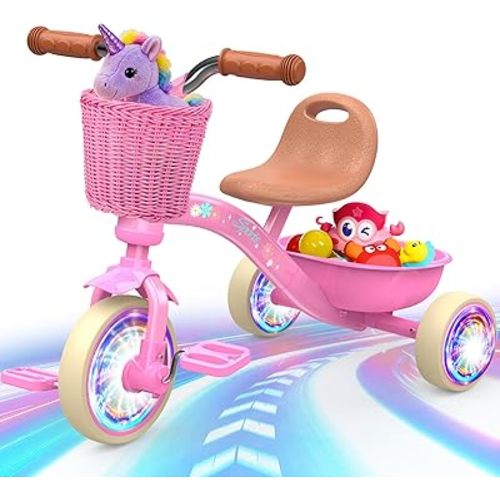 Toddler Tricycle for 1-3 3-5 Year Olds, 2 3 4 5 Year Old Girl Birthday Gifts, Pink Toddler Baby Bike, Outdoor Riding Toys for Ages 2-4, 4-Level Adjustable Seat, 3 Color Light Wheels, 2 Baskets