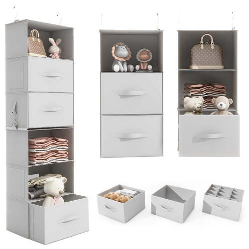 Caroeas Hanging Closet Organizer, 6-Shelf Hanging Shelves with 3 Removable Drawers and 4 Side Pockets, Hanging Shelf Organizer for Wardrobe, Bedroom and Travel, Light Gray
