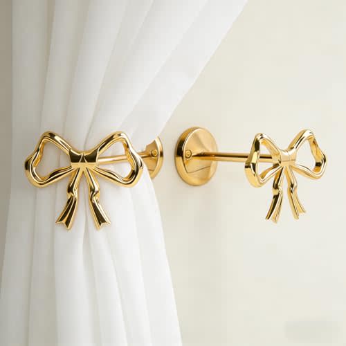 Elegant Gold Bow Curtain Holdbacks - 2 Pcs Wall-Mounted Tiebacks for Modern Home Décor | Ideal for Living Room, Bedroom & Office | Stylish Metal Curtain Holders with Screws Included