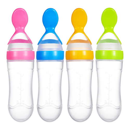 HJQEQVD 4-Pack Baby Food Dispensing Spoon 3oz, Silicone Self-Feeding Spoons with Suction Cup, Toddler Baby Led Weaning Utensils for Puree Yogurt Snacks Sky Blue