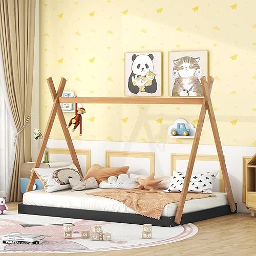 Wood Teepee Bed Full Size Floor Beds for Kids, Montessori Style House Tent Bed Frame for Boys Girls Teens, Box Spring Required, Black with Brown