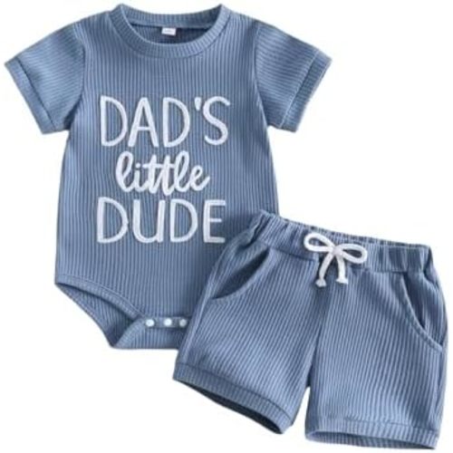 3-6 MONTHS - allshope Newborn Baby Boy Summer Outfit Set Dad Little Dude Embroidery Romper Jumpsuit Shorts Infant Waffle Clothes