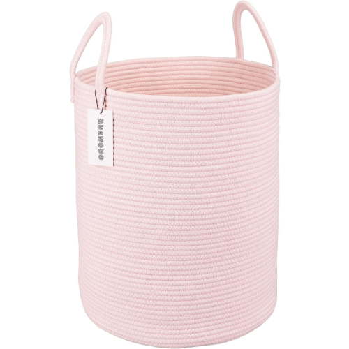 Cotton Rope Laundry Basket Hamper for Girls Kids Baby Nursery Bin Woven Storage Living Room room Boho Tall Baskets Blanket Toys Large light pink