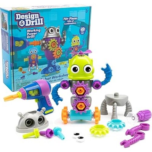 Educational Insights Design & Drill Robot Workshop - Construction Toys & Tools for Kids, Robot Toy Building Sets, Kids' Tool Set with Real Electric Drill Toy, Take Apart STEM Set, Gifts for Ages 3+