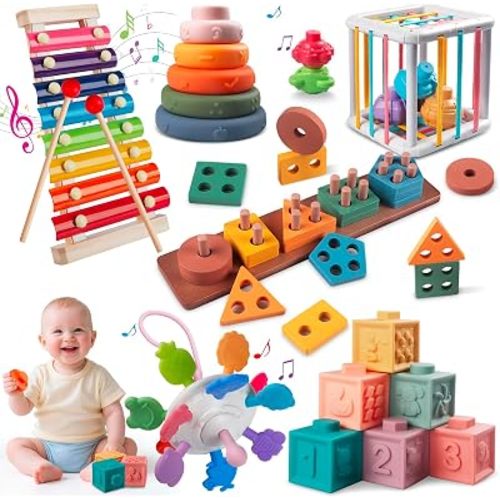 6-in-1 Montessori Baby Toy Set with Wooden Shape Sorter Xylophone Teether