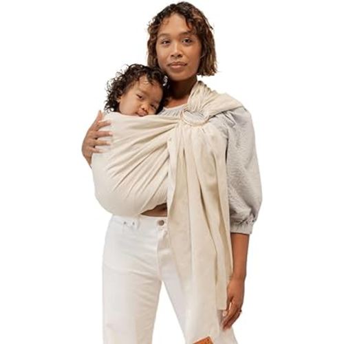 WildBird - Ring Sling Baby Carrier - Newborn to Up to 35 lbs - for Moms, Dads & Caregivers - 100% Natural European Linen Fibers - Versatile & Adjustable - 74” Size - Sparrow Fabric & Bronze Ring