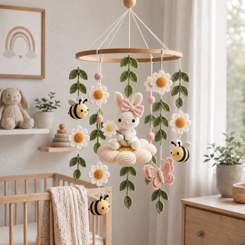 Crochet Baby Mobile, Bunny Bee Nursery Mobile