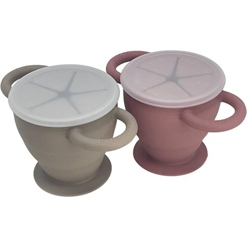 | Snack Attack II Baby Silicone Snack Cup | 2 pack | Collapsible Toddler Snack Cup (Fog and Dusty Rose)