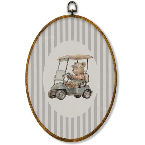 shiviody Vintage Bear Nursery Golf Canvas Wall Art Decor, Bear Nursery Decor, Grey Striped Golfing Sports Oval Hanging Frame Prints Decorations for Kids Toddler Room Bedroom Playroom 8.6"x11.4"