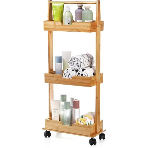 Lyellfe 3 Tire Shower Caddy Stand, Bamboo Shower Floor Organizer Corner with Sliding Wheels, Bathroom Caddy Shelf Rack for Bathtub, Office, Kitchen