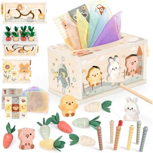 Joyreal 8-in-1 Montessori Tissue Box Toys for 1+ Years Wooden Activity Cube