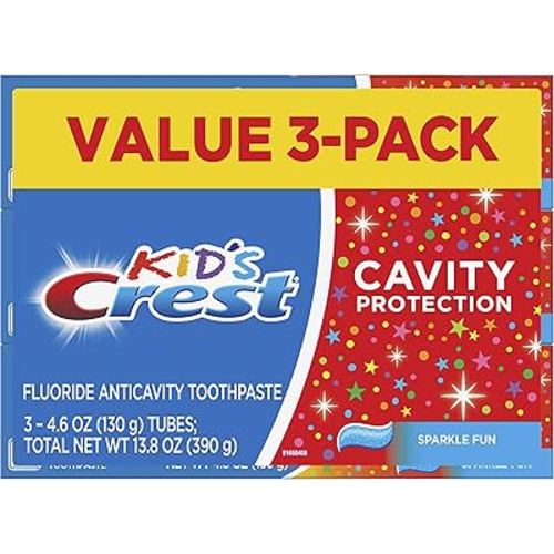 Crest Kid's Cavity Protection Toothpaste, Crest Kids Toothpaste, For Children And Toddlers 2+, Sparkle Fun, 4.6 Oz (Pack of 3), Toothpaste For Kids, Packaging may vary