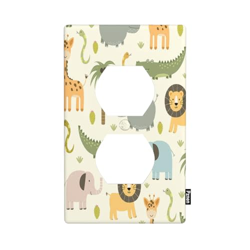 Safari Cartoon Animal 1-Gang Duplex Wall Plate | Hippo Lion Elephant Giraffe Outlet Cover Plate 4.5"x 2.76" for Boys Girls Bedroom Bathroom