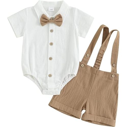 PUHHAPIEY Infant Baby Boy Gentleman Outfit Short Sleeve Bowtie Button Romper+Suspender Overalls Shorts Set Wedding Set Formal