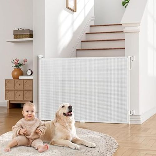 Babepai Retractable Baby Gates Extra Wide | 55" Wide x 34" Tall Dog Gates for Stairs | Indoor/Outdoor Use | Child Gates for Doorways, Deck, Porch, Hallways, Patio - White