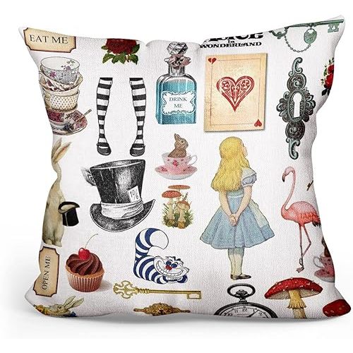 Funny Alice in Wonderland Throw Pillow Cover Cute Pillow Case Linen Pillowcase Cushion Case Home Decor Gifts - 18x18 Inch Brown