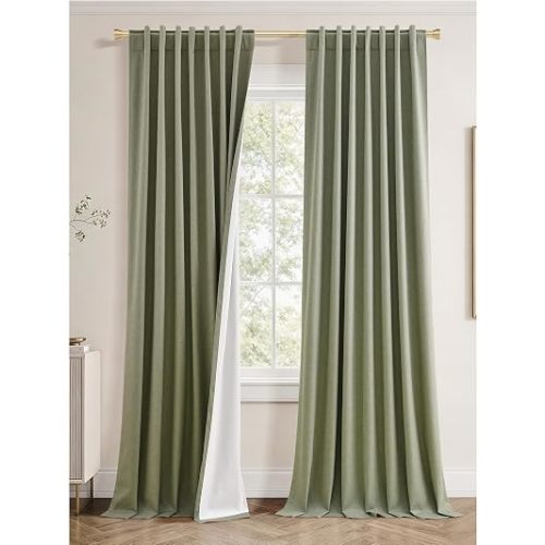 Jowels Sage Green Linen Blackout Curtains 84 Inches Long for Bedroom