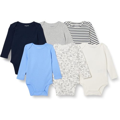 Amazon Essentials Unisex Babies' Long-Sleeve Cotton Bodysuits, Pack of 6, Blue/Dogs, 0-3 Months