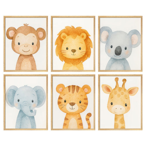 SIGNLEADER Adorable Safari Baby Animal Framed Wall Art Set of 6 - Watercolor Monkey Lion Koala Elephant Tiger Giraffe Prints for Nursery Decor | Wayfair