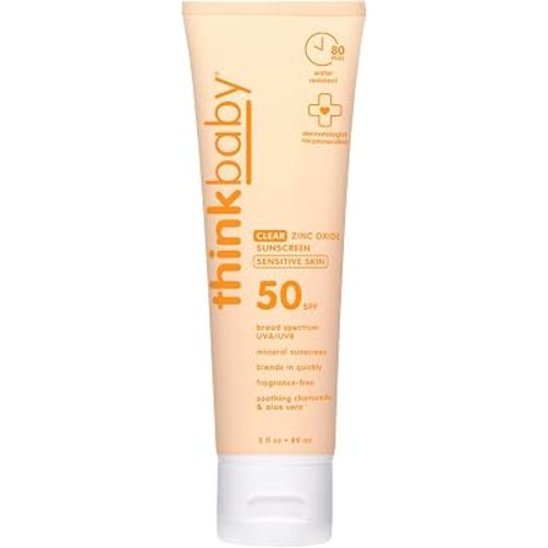 Thinkbaby Baby Sunscreen for Sensitive Skin, 3 Fl Oz, SPF 50 Clear Zinc Oxide Baby Mineral Sunscreen, Broad Spectrum UVA/UVB Protection, Natural, Water Resistant, Reef Safe, Vegan