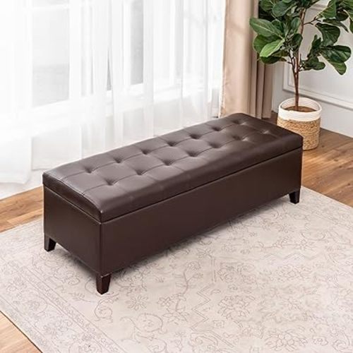 Ottoman with Storage, 51 Inch Large Ottomans Storage Bench,Faux Leather Upholstered End of Bed Bench with Hinged Lid, Long Foot Rest Stool for Living Room Bedroom, Brown