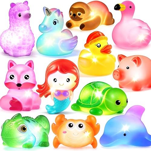 No Hole Bath Toy, 12 Pack Light up Animal, Flashing Color Tub Toys for Toddler Swimming Pool Party Bathtub Bathroom Shower Game, Bathtub Floating Water Toy for Infant Kid Toddler Boy Girl