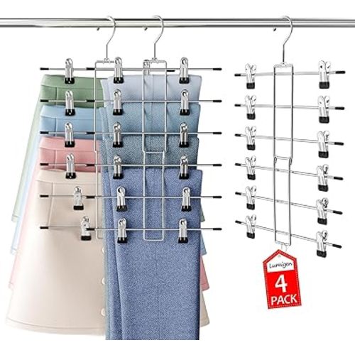 Pants Hangers-Closet Organizers and Storage-Hanging Closet Organizer-6 Tier-Skirt & Pants Hanger Space Saving-Durable Closets Organization Hanger-Skirt Hangers with Clips-4 Pack -Apartment Essentials