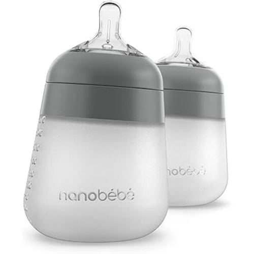 Nanobebe Flexy Silicone Baby Bottle, Anti-Colic, Natural Feel, Non-Collapsing Nipple, Non-Tip Stable Base, Easy to Clean 2-Pack, Grey, 9oz