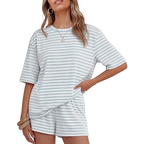 ZESICA Womens Summer 2 Piece Short Sets Striped Oversized Matching Lounge Airport Travel Workout Beach Vacation Outfits