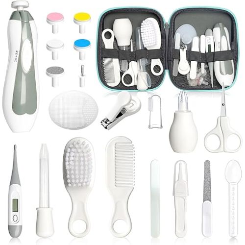 Baby Healthcare and Grooming Kit, 21pcs Baby Electric Nail Trimmer Set Newborn Nursery Health Care Set for Newborn Infant Toddlers Baby Boys Girls Kids Haircut Tools (21 Kits Grey White)