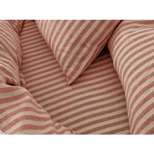 Sandstone Red Pembroke Stripe 100% Linen Fitted Sheet TWIN