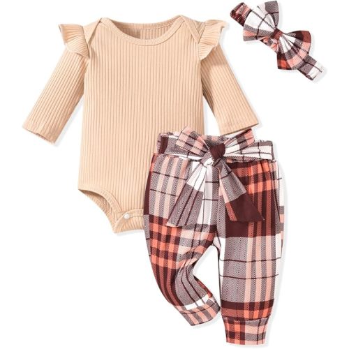Aalizzwell Preemie Newborn Infant Baby Girls Clothes Ribbed Romper Bodysuit Pants Set Fall Winter Outfits