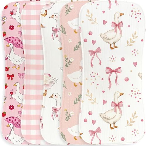 5pcs Goose Burp Cloths for Baby Girls Parent,100% Cotton White Geese Themed Design Burp Rags, Soft Breathable Muslin Burping Cloths Absorbent Spit-Up Cloths for Infant Newborns