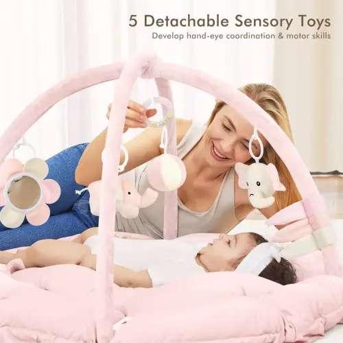 ANGELBLISS 5 in 1 Baby Play Gym Mat, Reversible Tummy Time Mat with 5 Sensory Toys for Stage-Based Developmental, Thick & Large Baby Activity Center from Newborn to Toddler - TikTok Shop