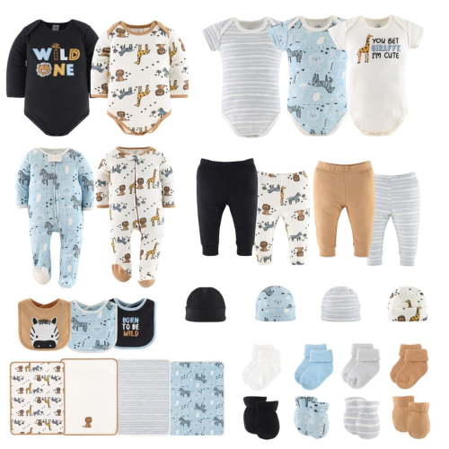 Free Shipping! The Peanutshell Newborn Layette Gift Set for Baby Boys, 30 Pieces, Blue Safari, Bodysuits Socks Bibs