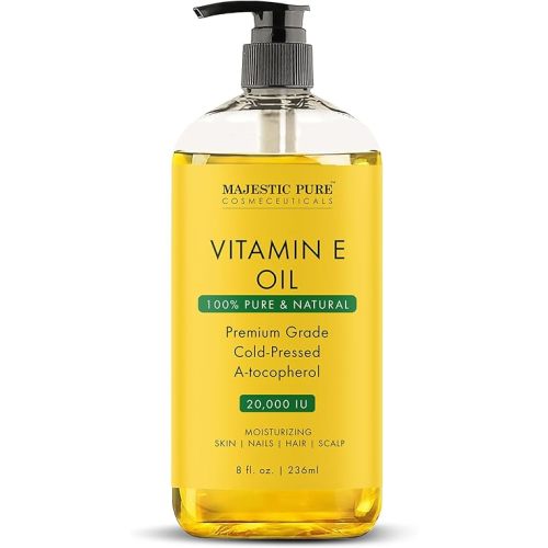 Majestic Pure Vitamin E Oil - 100% Pure & Natural, 20,000 IU | Premium Grade, Cold-Pressed and Tocopherol to Repair Dry, Damaged Skin | Moisturizing Skin, Hair and Scalp 8 Fl Oz