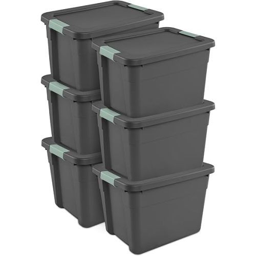 Sterilite 6 Pack Latch Tote, Stackable Plastic Storage Container, 12 Gallon, Gray/Green