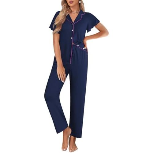 Ekouaer Pajamas for Women Set Button Up Sleepwear Cute Pjs Ruffle Sleeve Notch Collar Loungewear with Long Pants S-XXL