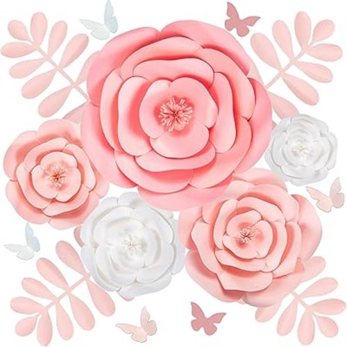 Rainbows & Lilies 15pc Large Paper Flowers Decorations for Wall - Reusable 3D Wall Decor for Girls Room, Nursery & Kids Bedroom - Pink & White Artificial Roses for Baby Shower, Wedding, Party Backdrop