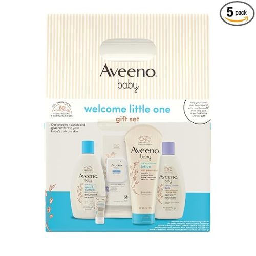 Aveeno Baby Welcome Little One Gift Set, Baby Essentials Set with Daily Moisture Wash and Shampoo, Calming Comfort Bath, Sensitive All Over Wipes, Body Lotion, & Healthy Start Balm, 5 Items